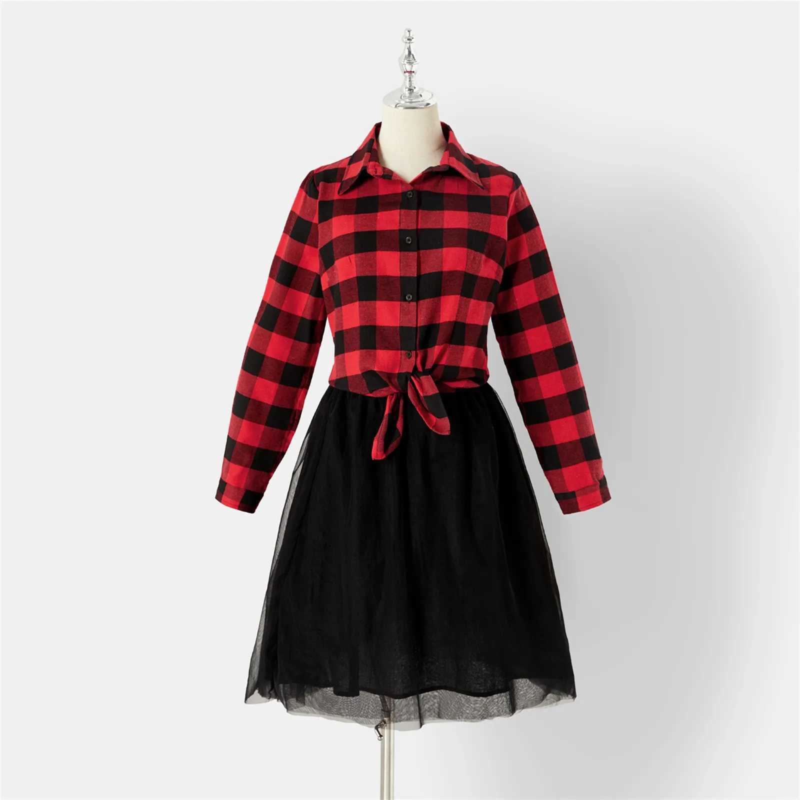 Christmas Family Matching Outfits Red Checkered Long Sleeve Button Up Top and Mesh Skirt Set Suitable for Family Appearance Clothing W241008