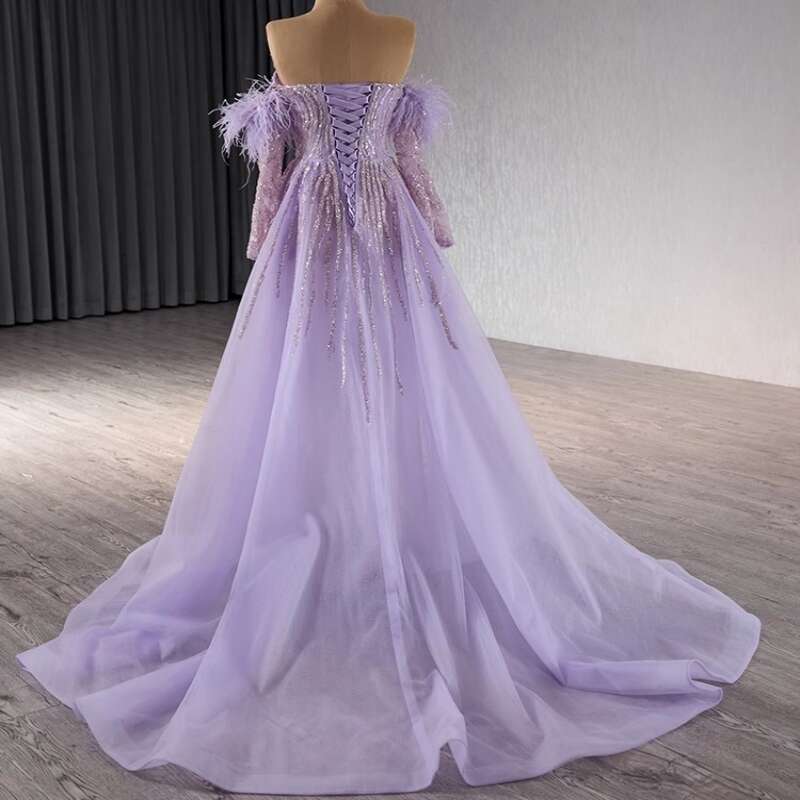 Real Picture Quality Purple Women Evening Dresses Sweetheart Long Sleeves Beading Lace Up Wedding Party Dress Prom Ocn 2025