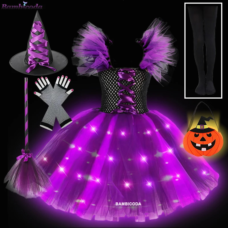 Girls Witch Dress Princess LED Dress for Girls Kids Charm Cosplay Carnival Dress Up Clothes Birthday Party Halloween Costume 240929