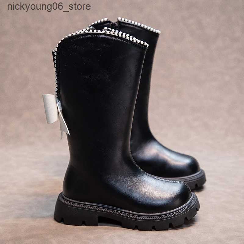 Boots Girls High Boots with Bow-knot Anti-Slippery Fashion Children Beading Elegant Princess Boots Side Zipper Kids Leather Long Boots L240910