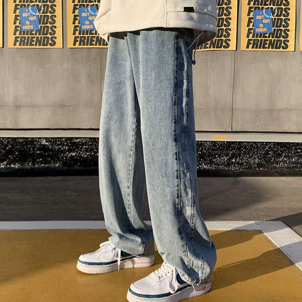 American High Street Jeans For Men In Autumn, With A High-End Feel. Side Row Checkered Straight Leg Pants With Trendy Design. Plaid Wide Legs Eff