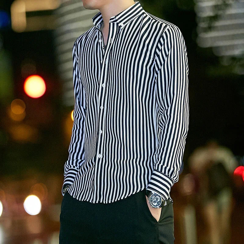 Striped mens shirt and business mens shirt white regular original Korean style fashionable sleeves slim fit 241007