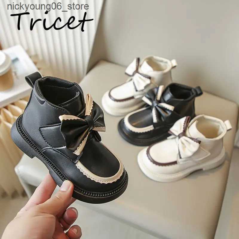 Boots Autumn Winter Bow Girls Princess Boots PU Leather Warm Soft Kids Fashion Boots Plush Hook Loop Non Slip Children Ankle Shoes L240910
