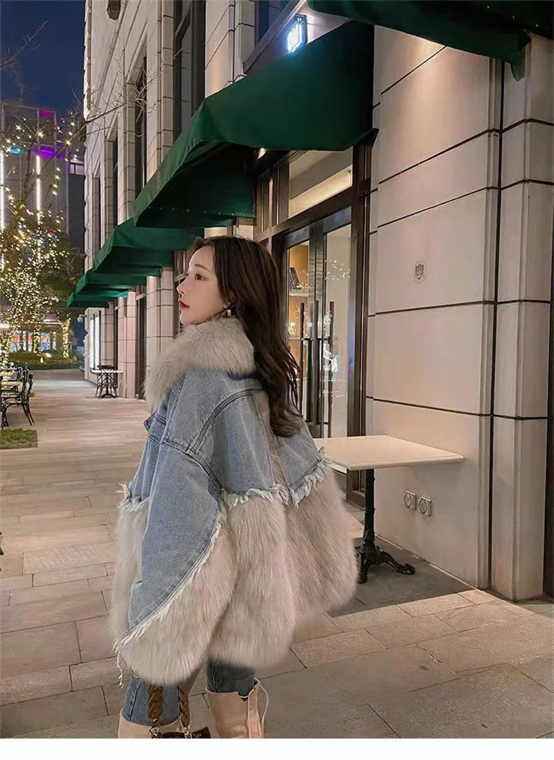2024 Autumnwinter Faux Fur Parka Coat with Thick Fleece Denim Jacket for Womens Clothing 241008