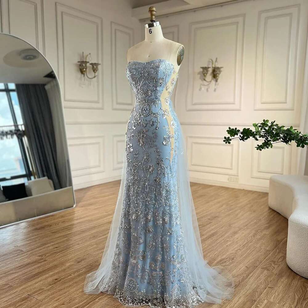 Wasisi 2024 Arabic Blue Strapless Mermaid Evening Gown with Tulle Overskirt Beaded Dress for Women's Party ELA72639