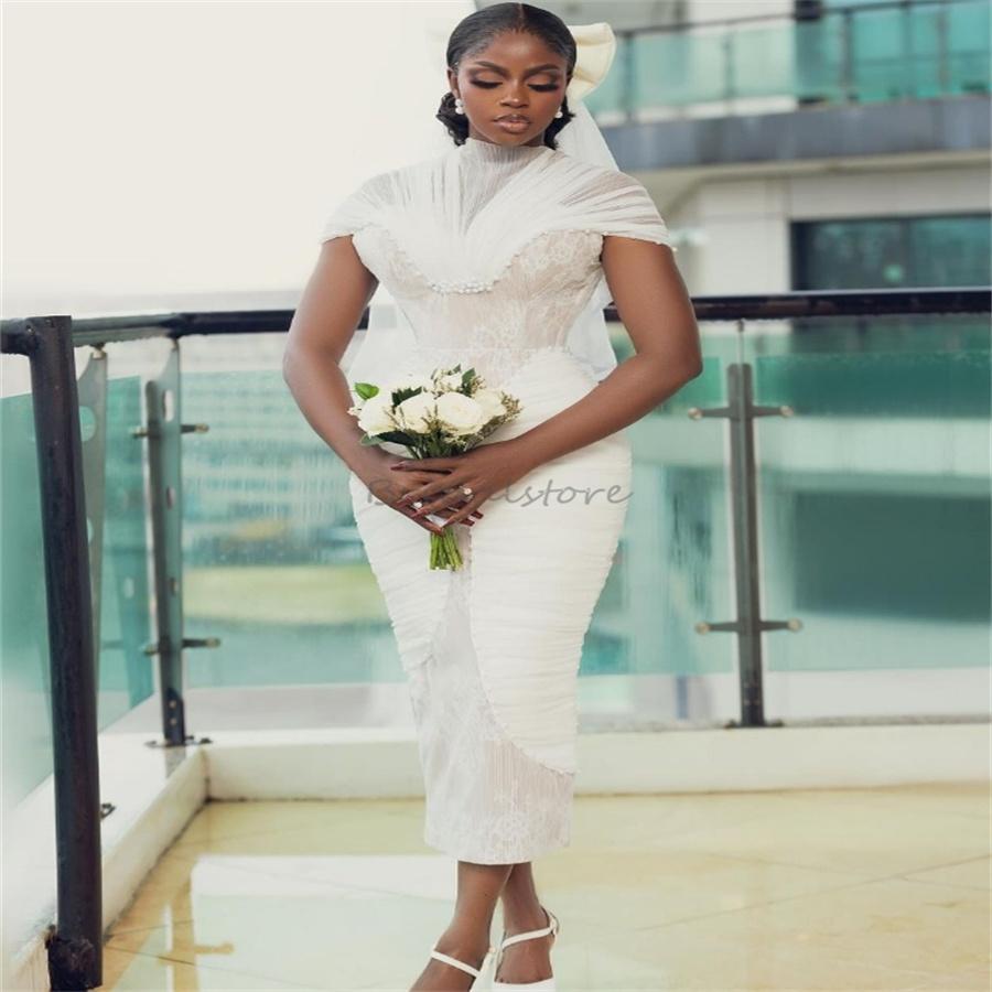 Uniques Nigeria African Wedding Dresses 2025 Cap Sleeve High Neck Tea Length Short Bridal Dress Beaded Lace Civil Bohemian Country Bride Dress vestido