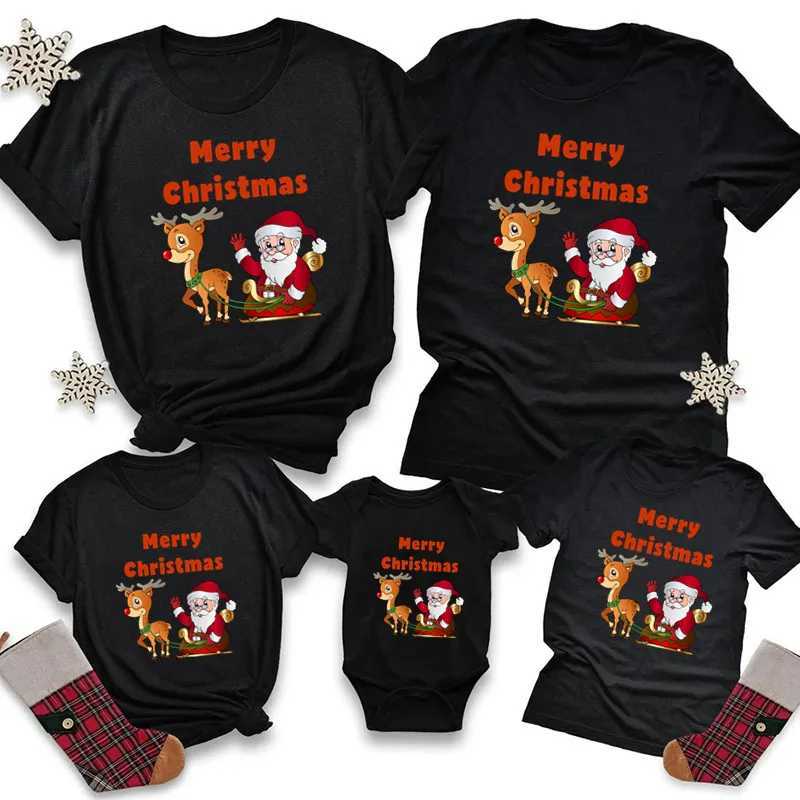 2022 Family Clothing Set Christmas Match Clothing Mother Daughter Short Sleeve T-shirt Black Santa Claus Mother Childrens Top W241008