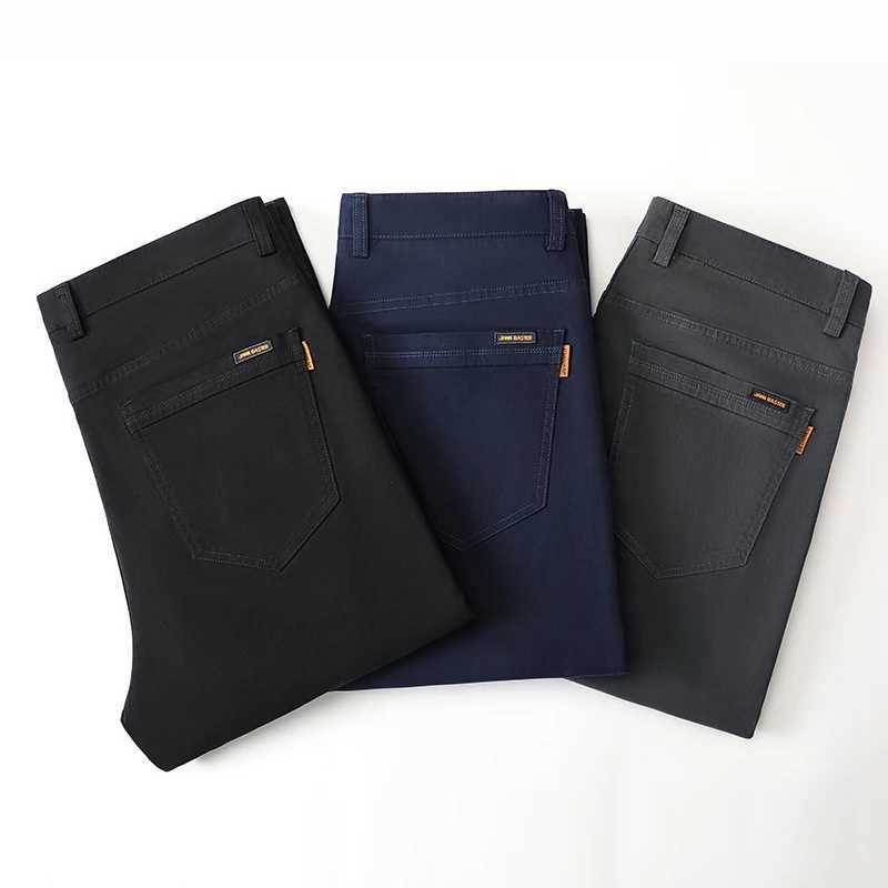 Autumn Classic Mens High Waist Business Jeans High Quality Deep Blue Straight Stretch Denim Mens Brand Thick PantsW240715