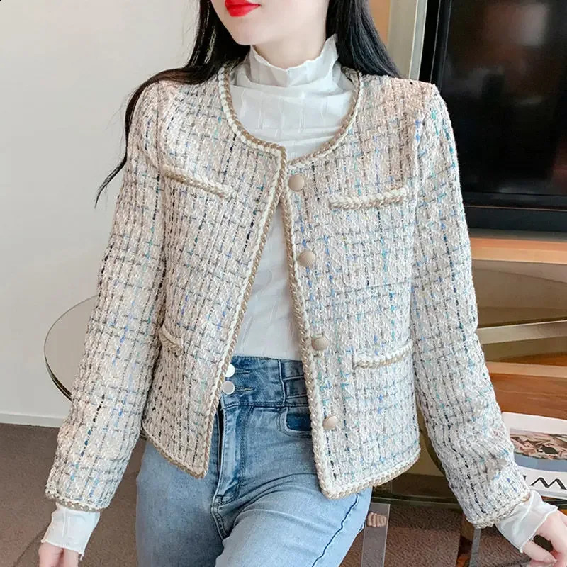 Elegant Petite Cropped Coarse Tweed Top 2024 Spring Style Womens Jacket Crew Neck French Tweed Style For Fashion 241008