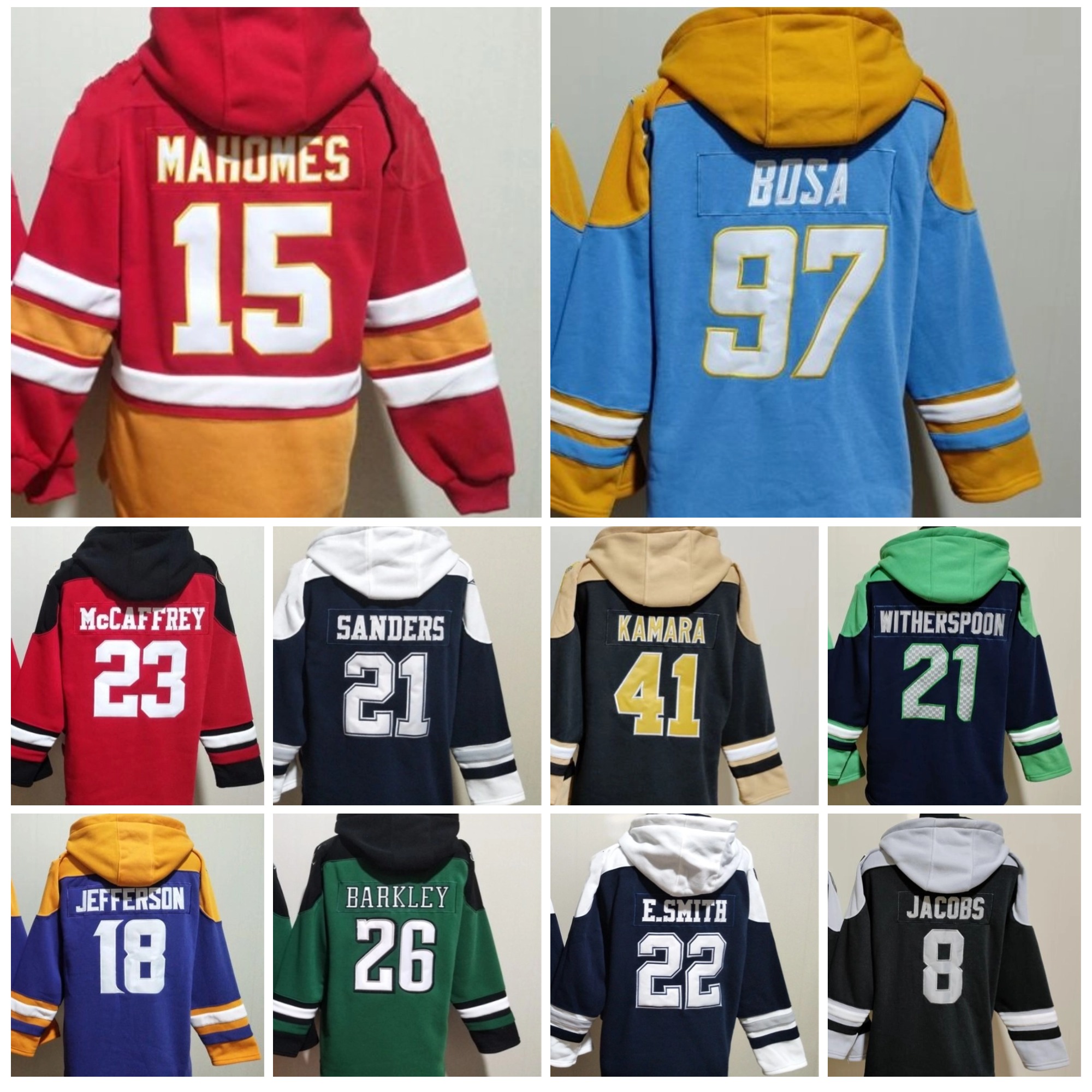 Men's New Hoodie Jersey Tagovailoa Jefferson Alvin Kamara McCaffrey St. Brown Manning Lawrence Patrick Mahomes Chubb Ray Lewis Sweatshirt
