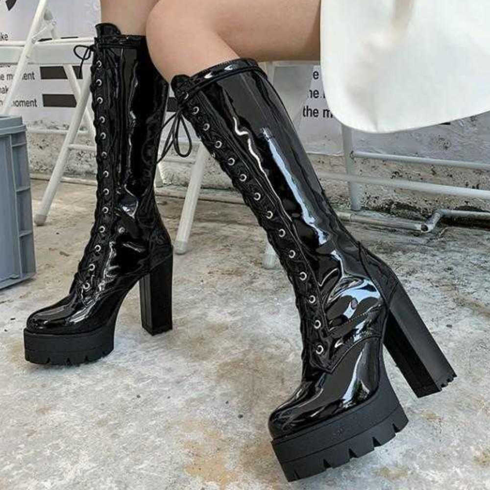 Autumn Winter High Heel Martin Boots Thick Heel Boots Lace Up Womens Boots High Barrel Martin Boots Round Head Leather Thin Long Legged Boots 240826