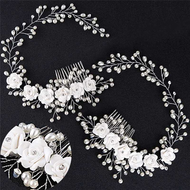 Handmade silver pearl wedding hair comb bridal floral headdress female bridal hair decoration jewelry W241007