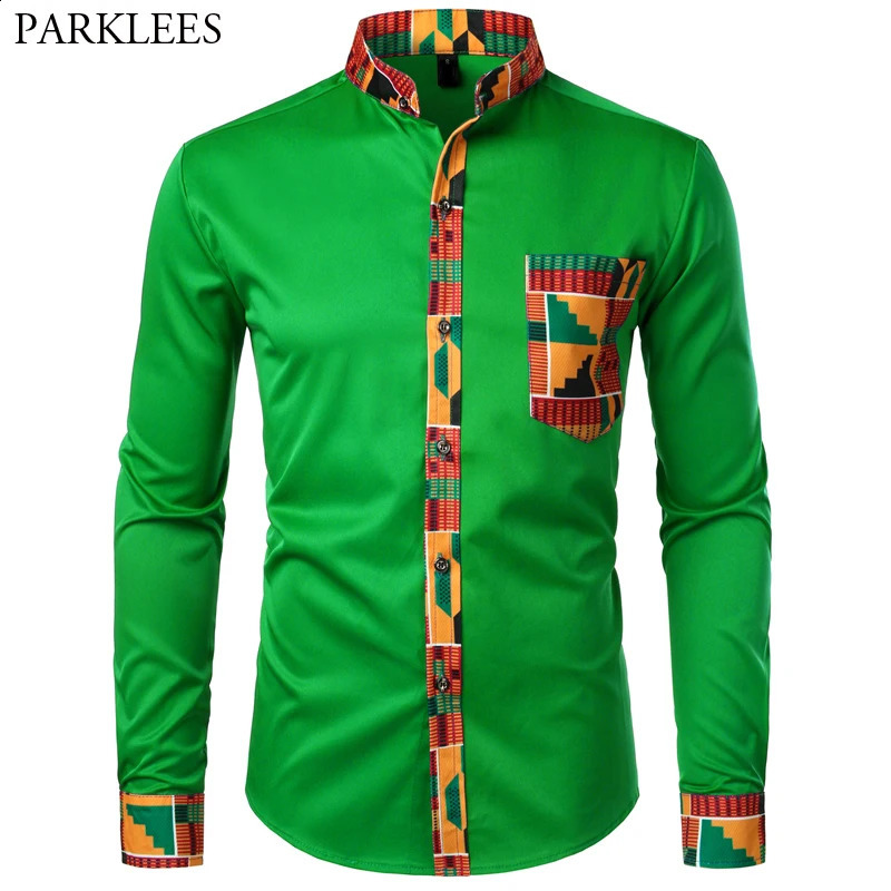 Dashiki African mens shirt patch work pocket African print mens Ankara style long sleeved collar mens dress shirt 241008
