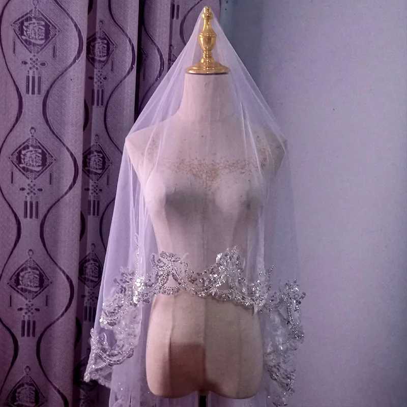 Sparkling full lace silver edge veil for brides wedding 1.5 meters wide church white wedding accessories no comb small veil W241007