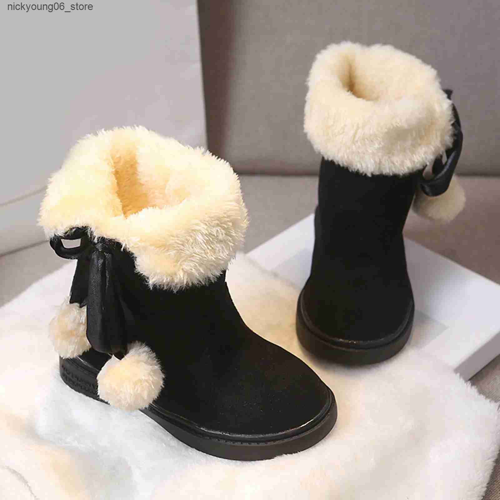 Boots Girls Winter Boots Warm Plush Christmas Red Boots Cute Furry Children Cotton Shoes Anti-slip Kids Students Rubber Snow Boots L240910