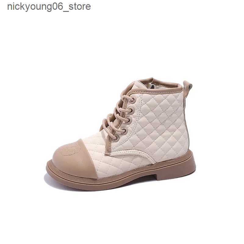 Boots Korean Version Plaid Emed Side Zippered Leather Boots Princess Boot Winter Shoe for Girl Kid Shoe for Girl Boot Zapatos L240910
