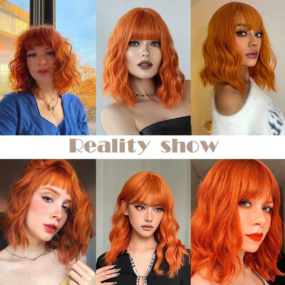 Short Curly Bob Cut Synthetic Wigs with Bangs Light Ginger Orange Water Wave Wig for Black White Women Halloween Heat ResistantXJ241008
