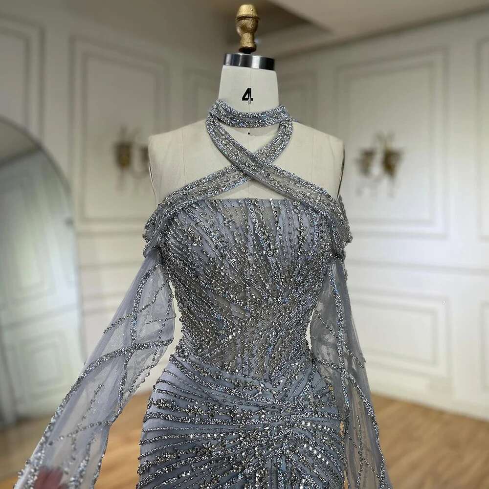 Serene Hill 2024 Arabic Gray Decorative Halter Mermaid Dubai Evening Gown Beaded Dress for Women's Party DLA72651