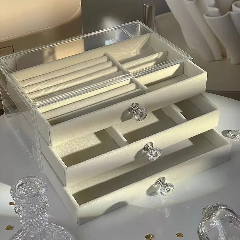 1 high-capacity three-layer flannel pearl treasure box drawer jewelry box storage earring necklace ring 240924