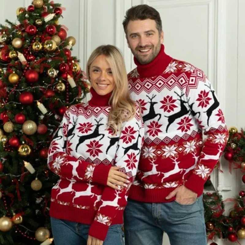 New Winter Womens Mens Parachute Christmas Match Sweater Warm Thick Turtle Neck Knitted Jacquard Flower Christmas Home Appearance W241008