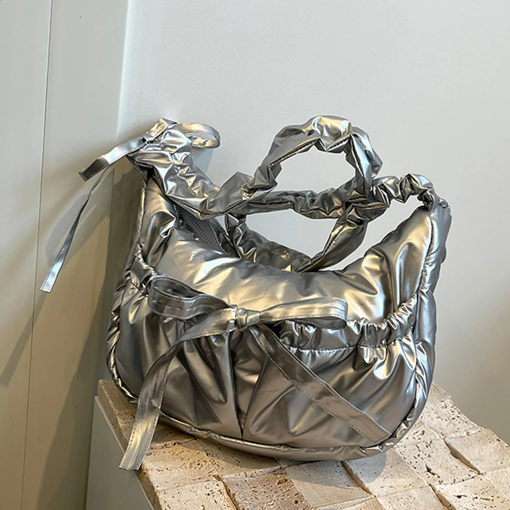 Womens fashionable shoulder bag with Ruched drawstring strap bow simple cross solid color cute sling womens daily handbag 241008