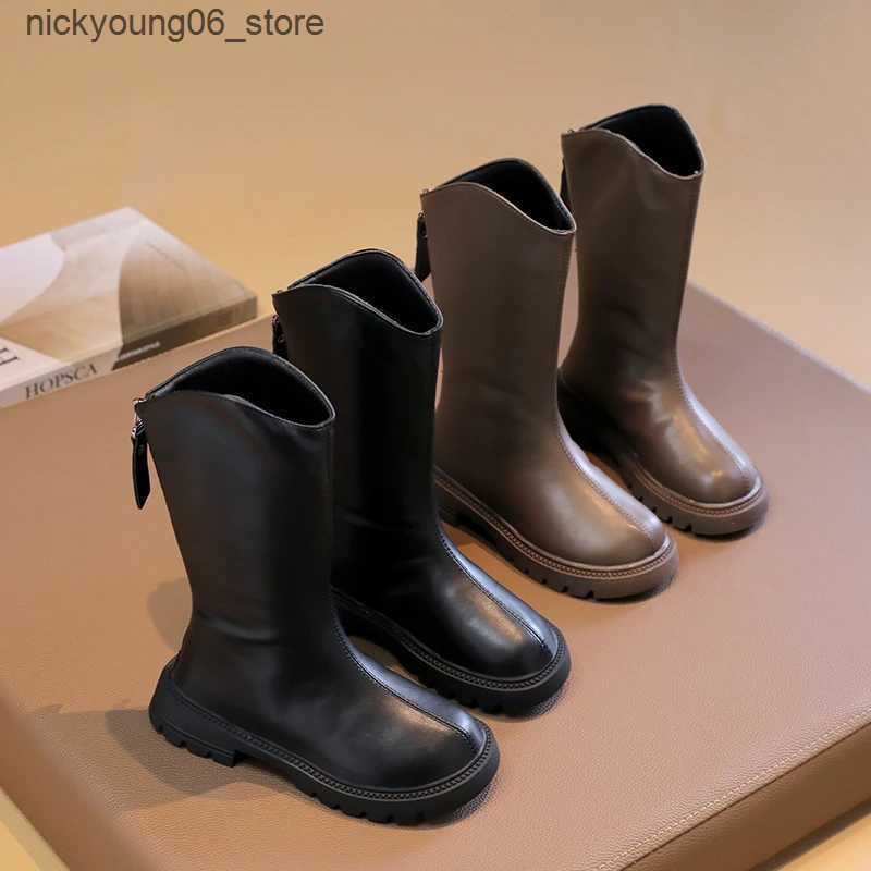 Boots New Girls Mid-Calf Boots Black Brown Versatile Children Leather Boots Classic Simple Kids Causal Catwalk Boots Fashion Non-slip L240910