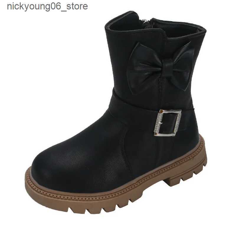 Boots Kids Martin Boots 2024 New Autumn Winter Plush Children Shoes Korean Style PU Leather Waterproof Bowtie Girls Princess Boots L240910