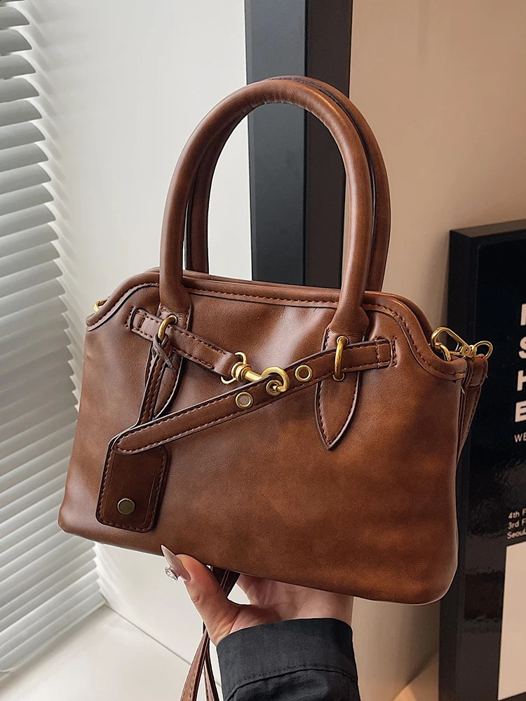 Vintage Brown Lady Handbags Textured PU Leather Fashion Shoulder Bag Autumn Winter Women Underarm Bags 240924
