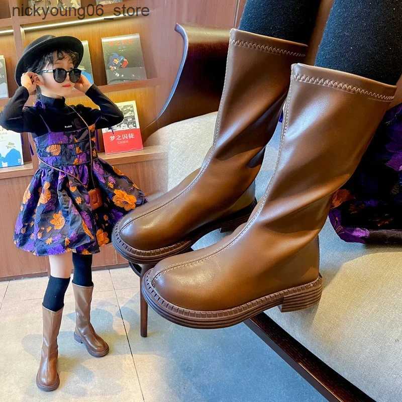 Boots Children Knee-high Boots for Girls Simple Classic Fashion Kids Leather Boots Back Zipper Long Motorcycle Winter New Rubber Boots L240910