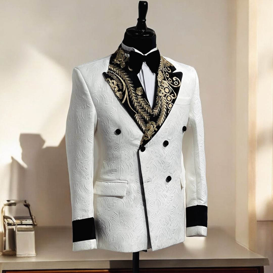 Elegant Wedding Suits Peaked Lapel Jacket 2 Piece Set Appliqued Jacquard Men's Tuxedo Tailored Dinner Prom Groom Blazer Custom Made(Coat+Black Pa