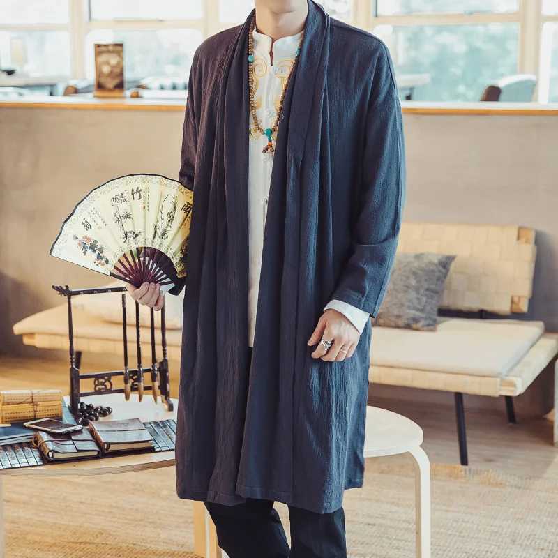Mens loose retro cotton linen trench coat plus size casual long open collar kimono jacket mens Chinese style black windproof jacket 5XL W241007