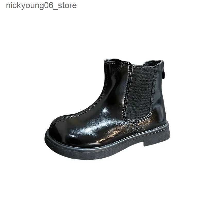 Boots Kids Fashion Black Girls Short Boots Zipper Beige Children Chelsea Boots Glossy Britain PU Spring Autumn Non-slip Drop Shipping L240910
