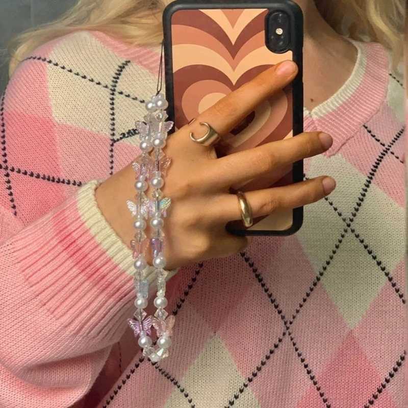 Cell Phone Straps Keychain Crystal Butterfly and Bead Chain Phone Lanyard Chain Anti Lost Keychain Y2K Handbag DecorX241008
