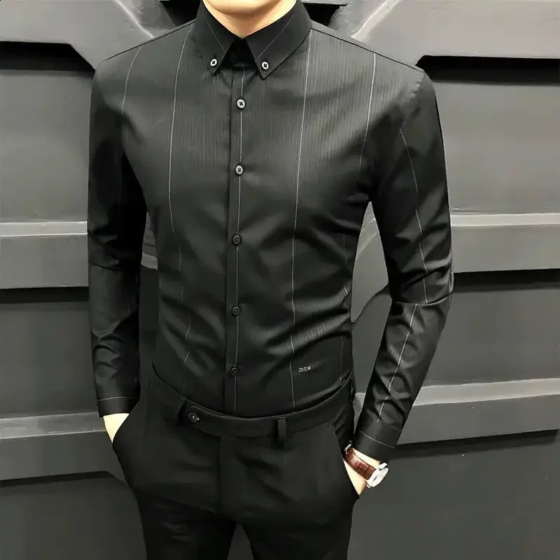 Top tier formal mens office shirts and shirts striped dresses business black social buttons cool Asian elegance I 241007
