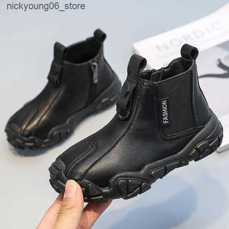 Boots Kids Leather Boots High Quality Plus Cotton Warm Winter Snow Boot Black Non-slip Soft Sole Boy Shoes Zipper Children Ankle Boots L240910
