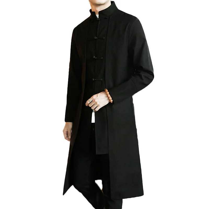Trench coat mens fake two-piece open top kimono coat mens long style Chinese style black loose retro cotton linen W241007