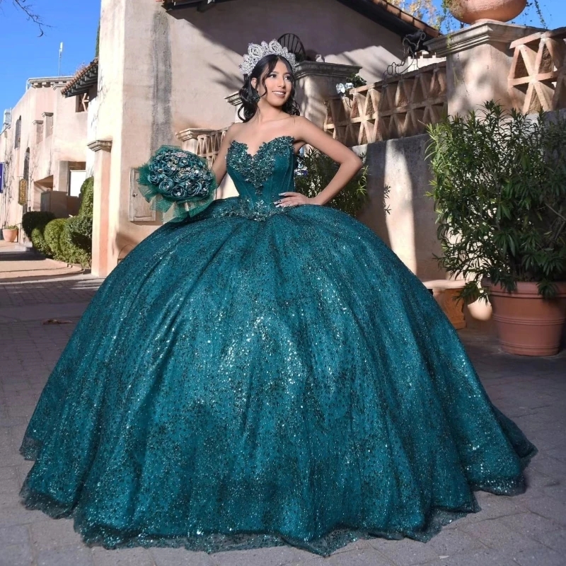 Luxury Blackish Green Off The Shoulder Quinceanera Dresses Lace Beading Crystal Tull Sweet 16 Dress Ball Gown Vestidos De XV 15 Anos