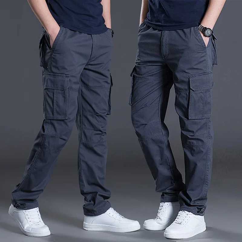 Large Pocket Loose Overalls Mens Outdoor Sports Jogging Tactical Pants Elastic Waist Pure Cotton Casual Work PantsX241008