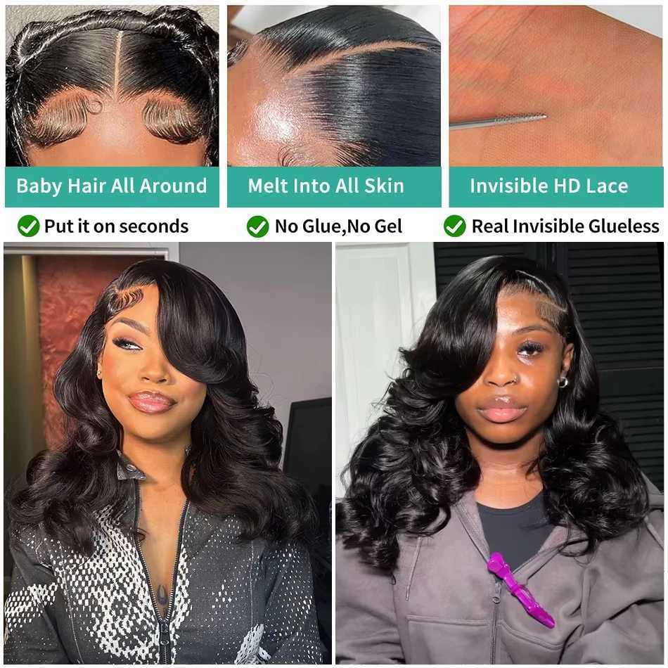 Brazilian Short Bob Body Wave 13x4 HD Transparent Lace Front Human Hair Wigs Loose Wave 250 Density Lace Frontal Closure WigXJ241008