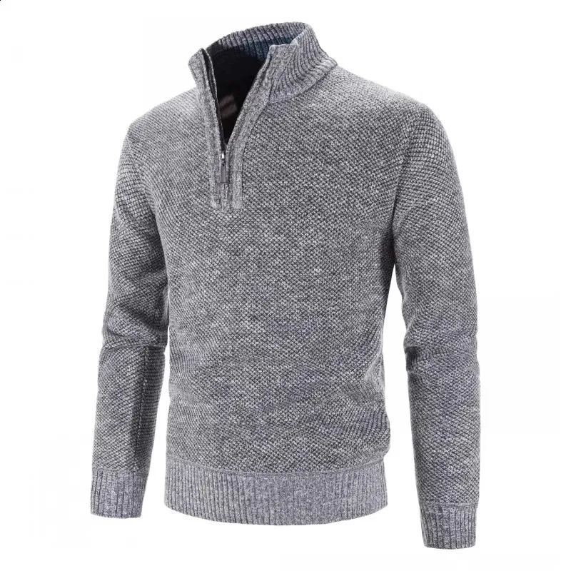 Autumn Winter Thick Knitted Sweater Men Pullovers Solid Color Zipper Mock Neck Slim Fit Knit Causal Man 240930