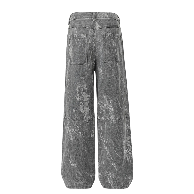 High Street Denim American Retro Tie Dye Cargo Pants Men Casual Straight Multi-Pockets Wide Leg Pant Hip Hop Trousers
