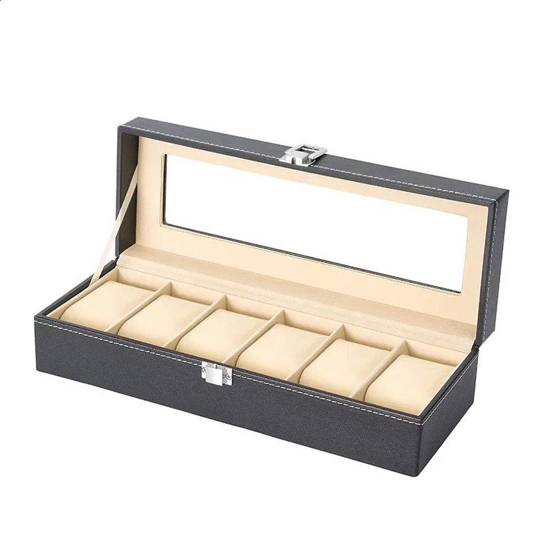 6-slot PU leather watch box display box jewelry organizer with glass top 241007