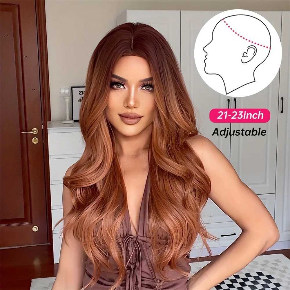 Long Wavy Red Brown Synthetic Wigs Dark Root Ginger Curly Cosplay Wig for Black Women Party Daily Cosplay Heat ResistantXJ241008