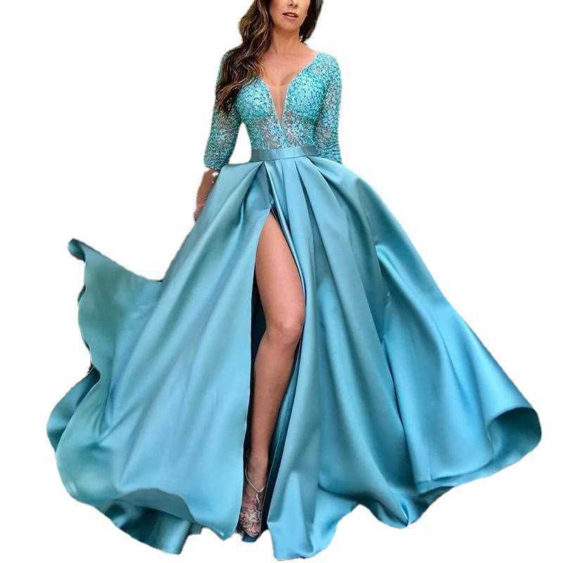 Casual Dresses New Womens Lace Bead Sexy Long Skirt Tail Banquet Evening Dress Urban Sexy Dresses 240924