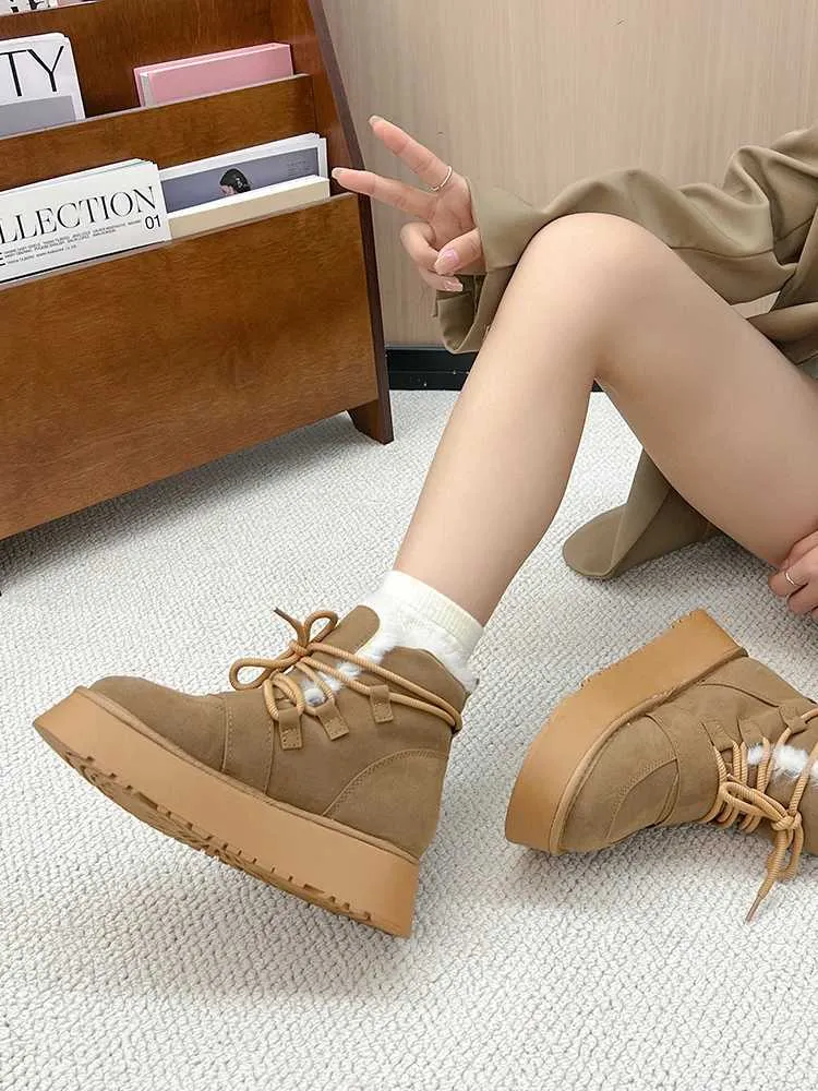Round Toe Lady Boots Womens Rubber Shoes Rain Booties-Women Winter Footwear Lace Up Flat Heel Australia Lolita Med Snow PU S Q240914