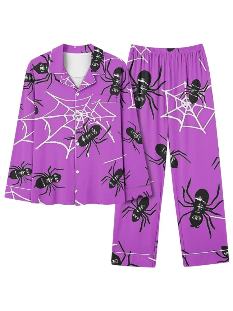 Autumn pajama set for womens Halloween bat print long sleeved elastic waist loose pants twopiece clothing 241008