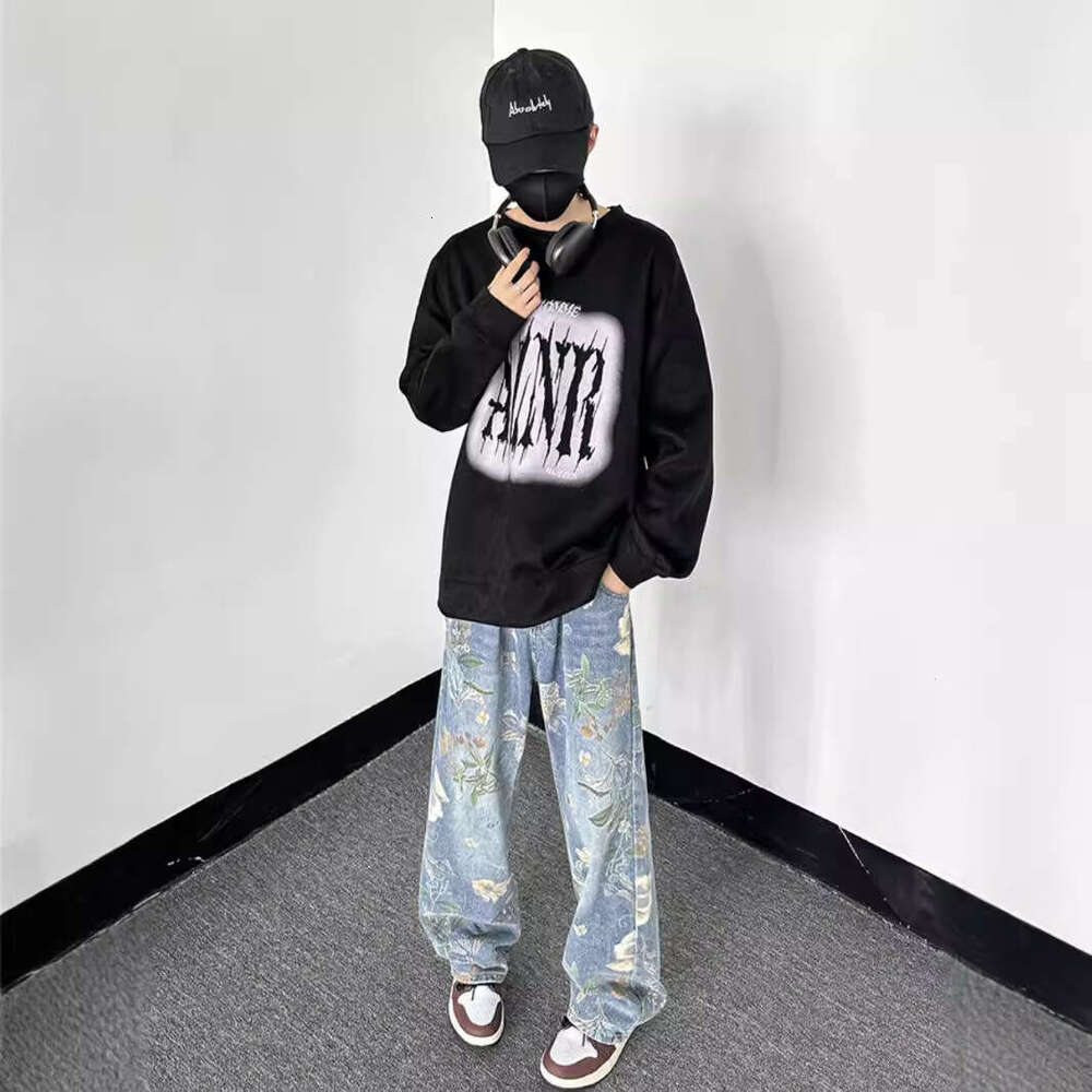 Small Niche High Street Printed Jeans Men's Summer American Hip-Hop Straight Leg Pants Cleanfit Trendy Brand Wide Leg Floor Pants Men's jean