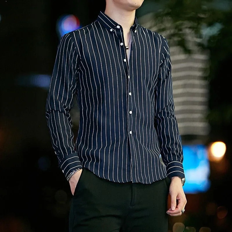 Striped mens shirt and business mens shirt white regular original Korean style fashionable sleeves slim fit 241007