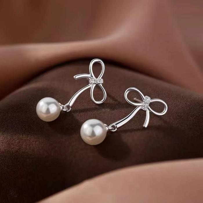 needle bow pearl new 2024 women's light niche earrings