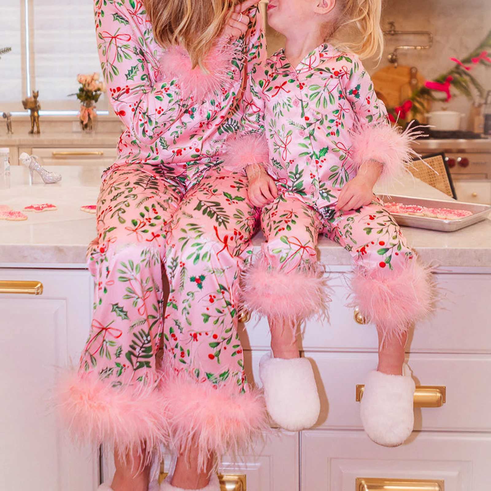 Hirigin Mommy and Me Christmas Pajama Set with Feather Edge Long Sleeve Button Bottom Matching Christmas Pajamas W241008